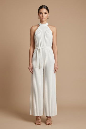 Women's Jumpsuit - Wide Leg Halter Neck Pleated Sleeveless with Tie Waist