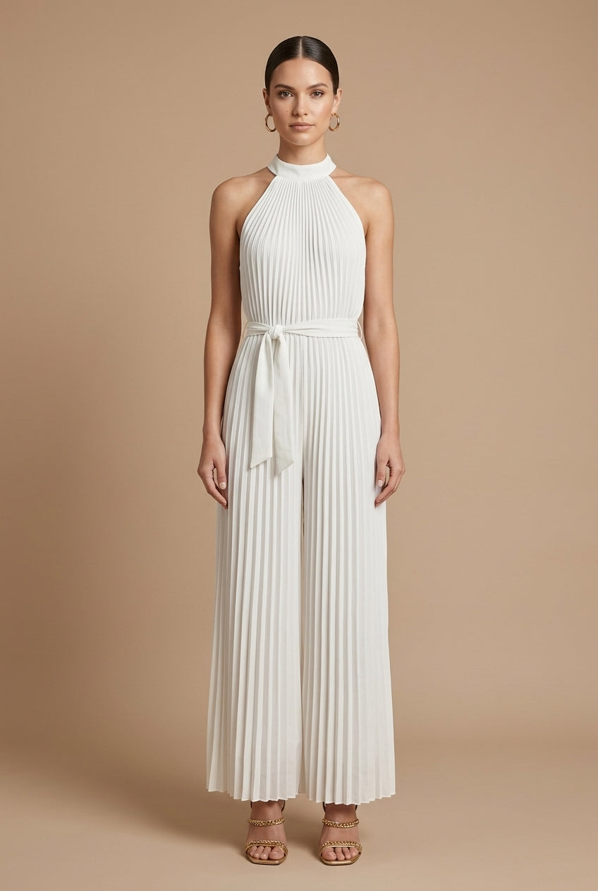 Women's Jumpsuit - Wide Leg Halter Neck Pleated Sleeveless with Tie Waist