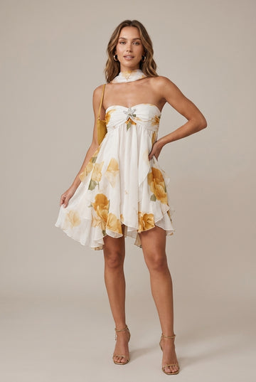 Women's Halter Neck Floral Print Ruffled Flowy Mini Dress