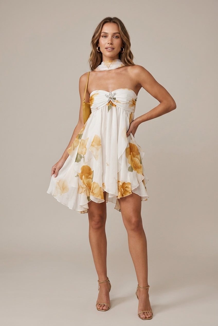 Women's Halter Neck Floral Print Ruffled Flowy Mini Dress