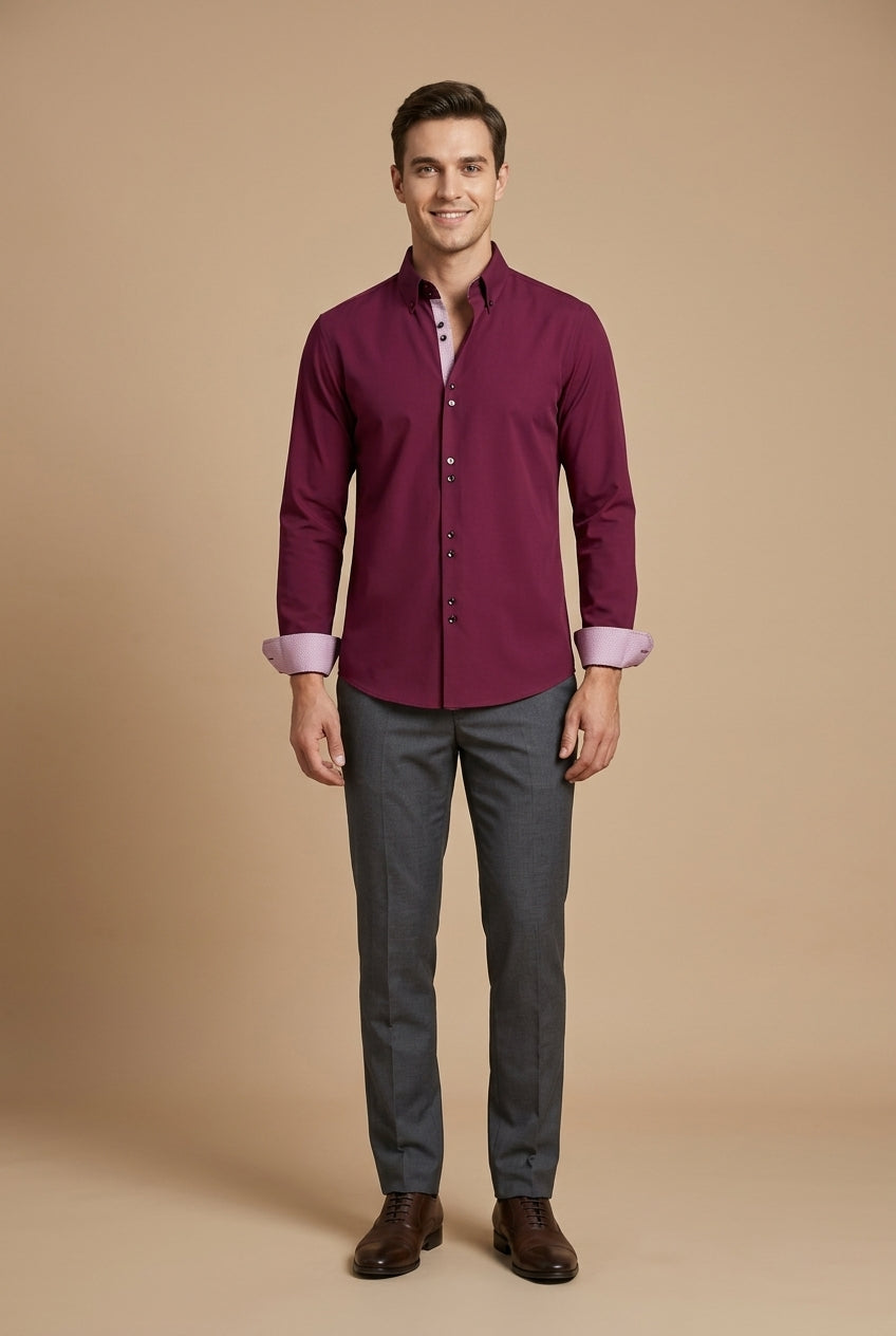 Men's Long Sleeve Dress Shirt - Button Down - Contrast Inner Lining