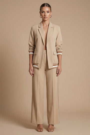 Women's Two Piece Set - Open Front Jacket and Wide Leg Pants with Stripe Trim