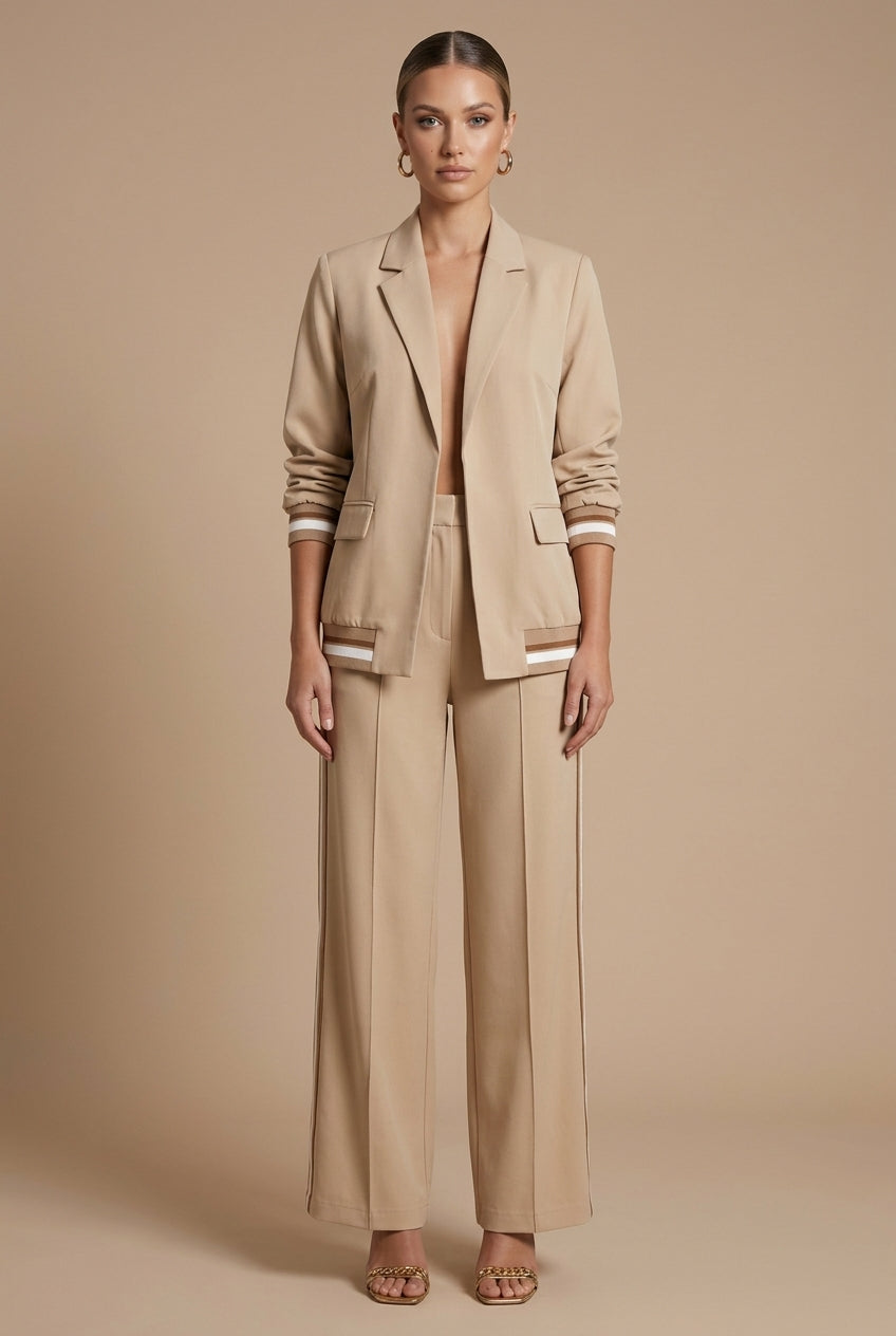 Women's Two Piece Set - Open Front Jacket and Wide Leg Pants with Stripe Trim