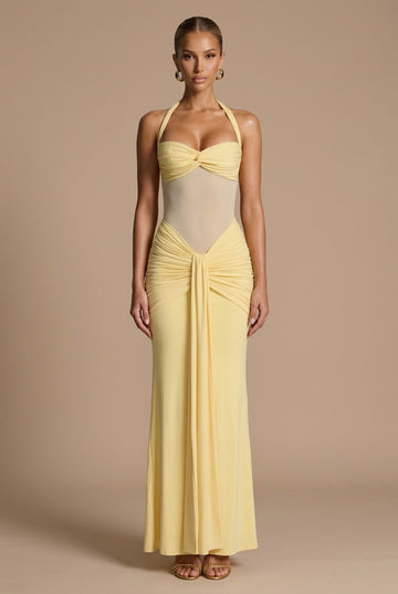Women's Halter Neck Ruched Maxi Dress - Sheer Panel