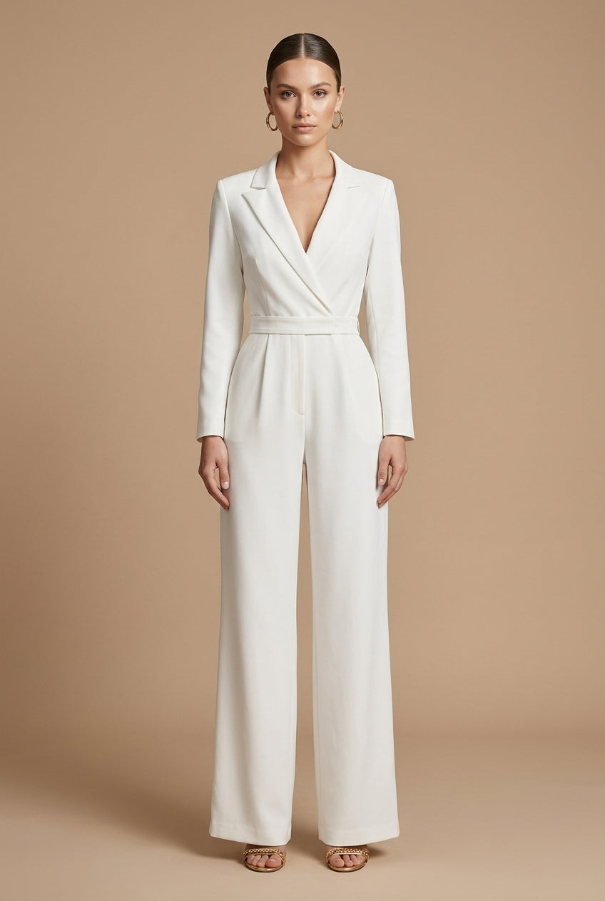 Women's Jumpsuit - Wide Leg Notch Lapel Long Sleeve Deep V Wrap Bodice