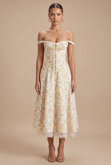 Women's Floral Corset Midi Dress - Off Shoulder - Lace Hem