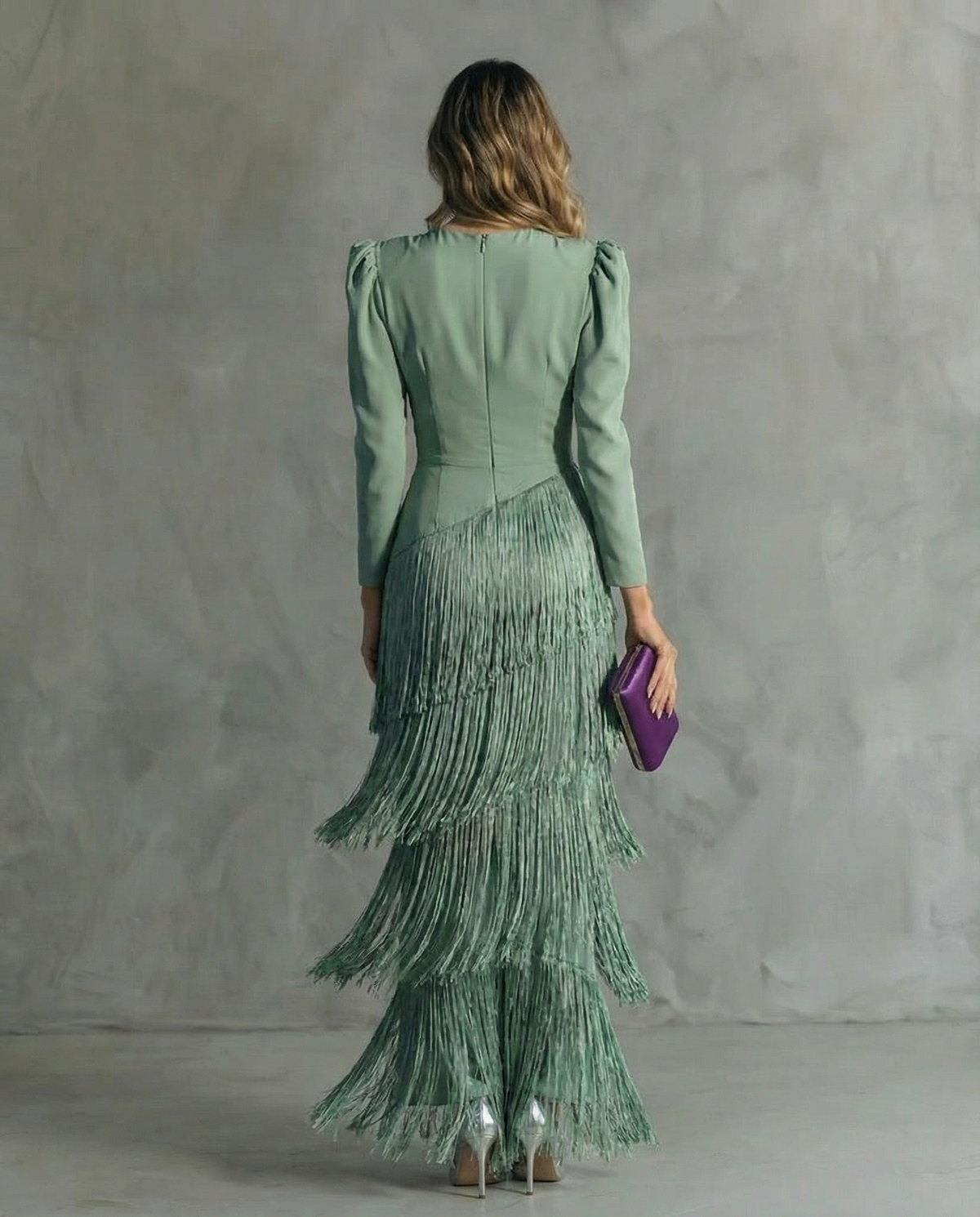 Women's Deep V-Neck Long Sleeve Tiered Fringe Maxi Dress