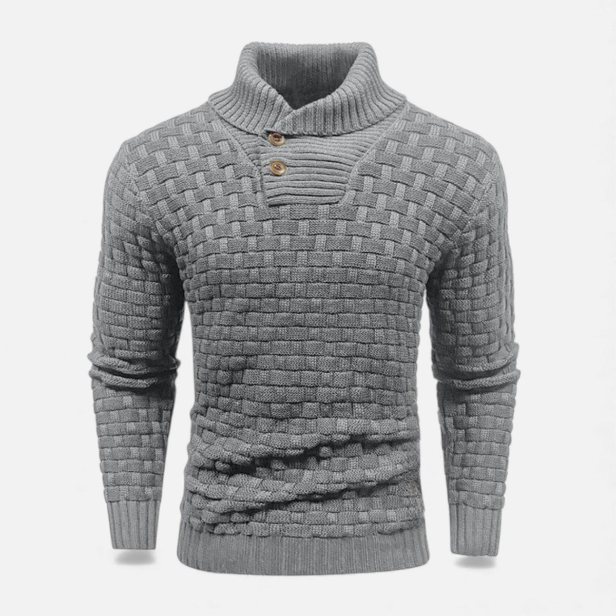 Men's Shawl Collar Jumper - Button Neck - Textured Weave Body
