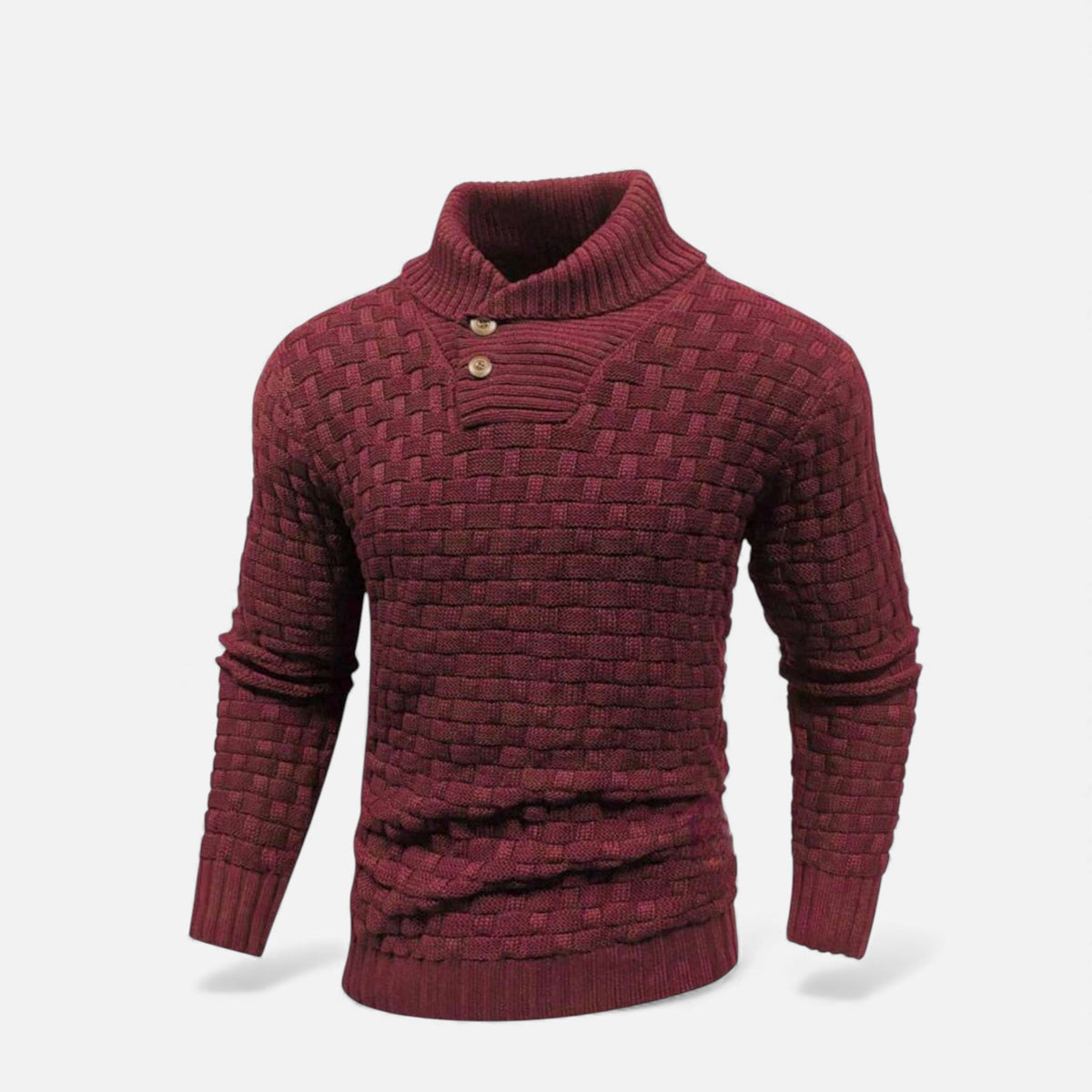 Men's Shawl Collar Jumper - Button Neck - Textured Weave Body