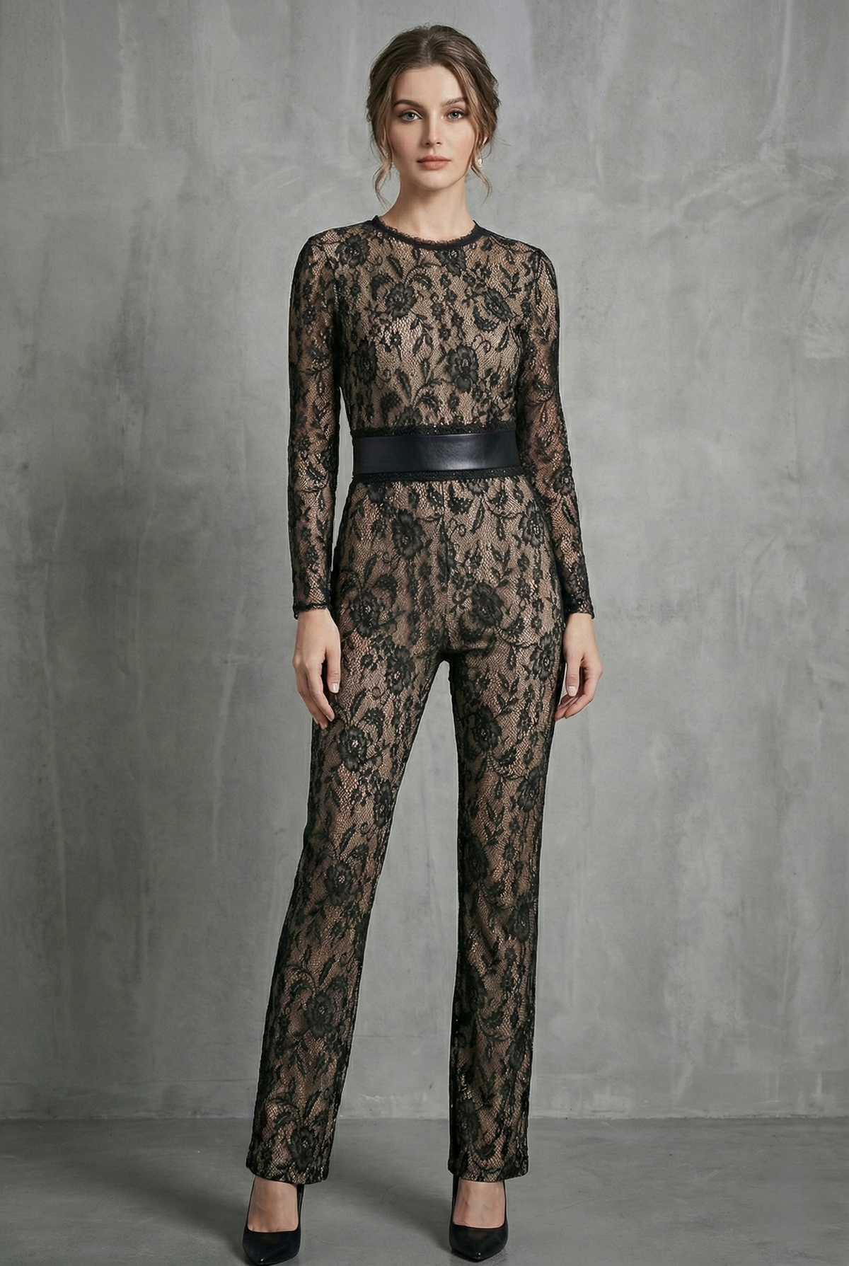 Women’s Black Lace Long Sleeve Jumpsuit – Sheer Floral Mesh Flared Leg Fit
