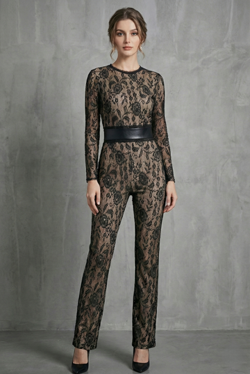 Women’s Black Lace Long Sleeve Jumpsuit – Sheer Floral Mesh Flared Leg Fit