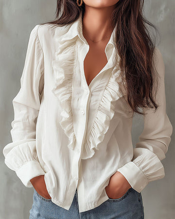 Women's Ruffle Front Long Sleeve Blouse - Button Up Collar