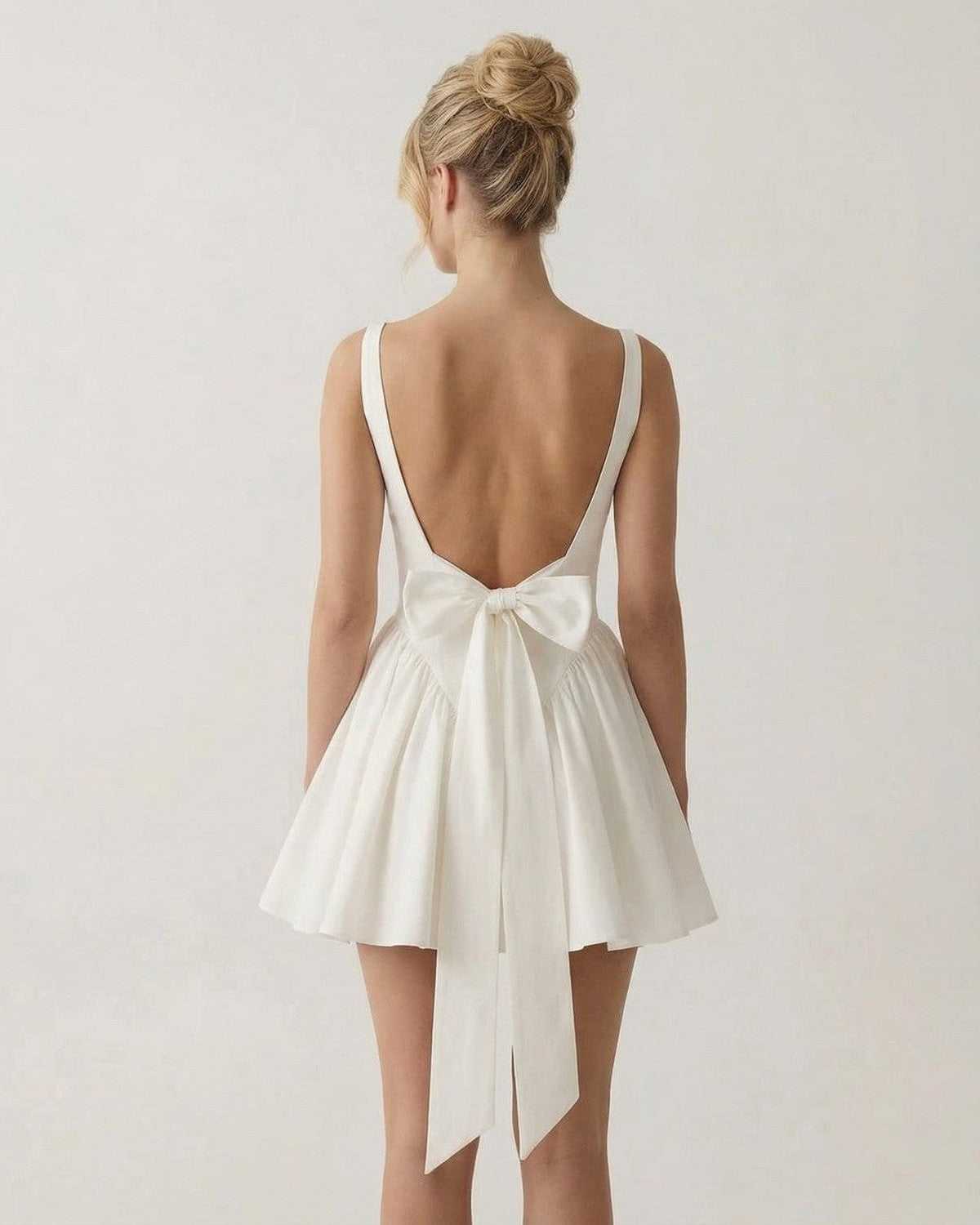 Women's Square Neck Open Back Bow Tie Mini Dress