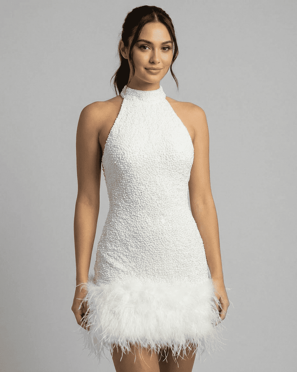 Women's Halter Beaded Mini Dress with Feather Hem Trim