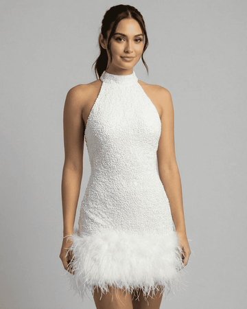 Women's Halter Beaded Mini Dress with Feather Hem Trim