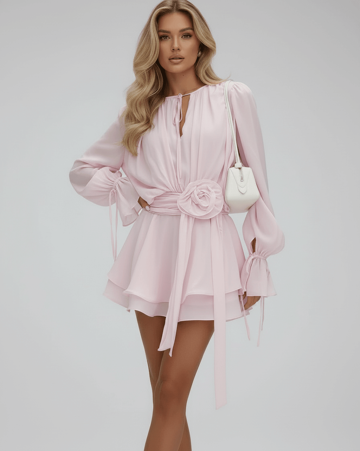 Women's Keyhole Puff Sleeve Tiered Mini Dress with Rosette Belt