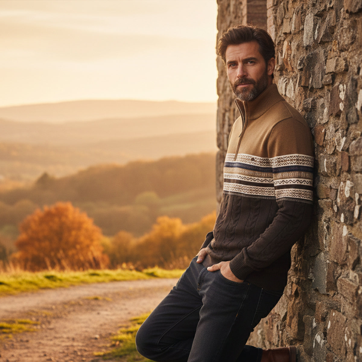 Men's Quarter Zip Jumper - Fair Isle Stripe Panel with Cable Knit Body and Mock Collar