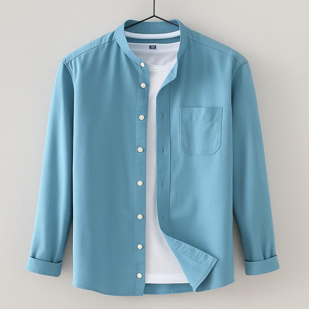 Men's Long Sleeve Band Collar Button Down Shirt - Chest Pocket