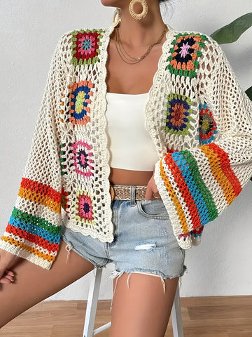 Women's Crochet Cardigan - Open Front Floral Granny Square