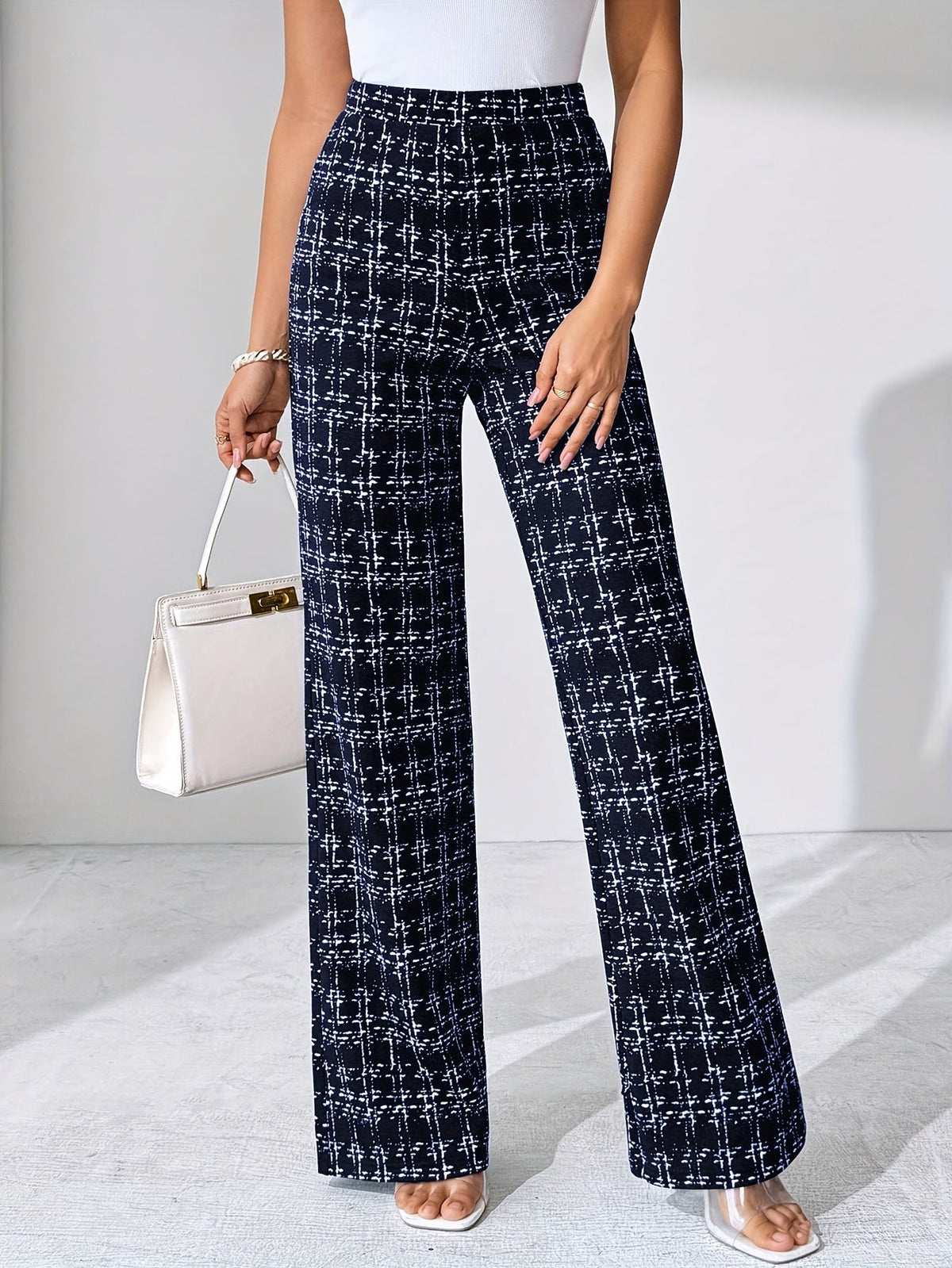 Women's Plaid Wide Leg Pants - High Waist Full Length Pull On