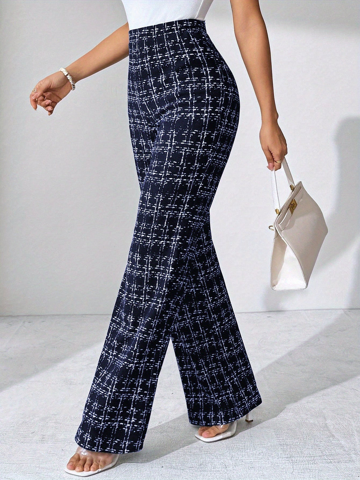 Women's Plaid Wide Leg Pants - High Waist Full Length Pull On