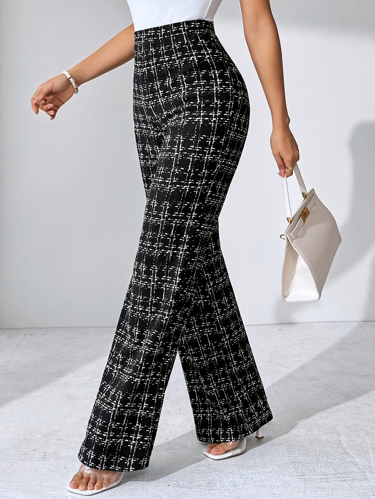 Women's Plaid Wide Leg Pants - High Waist Full Length Pull On