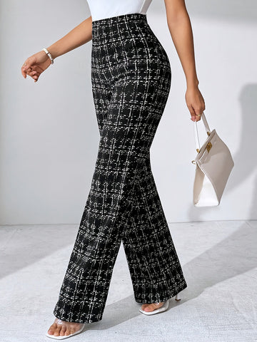 Women's Plaid Wide Leg Pants - High Waist Full Length Pull On