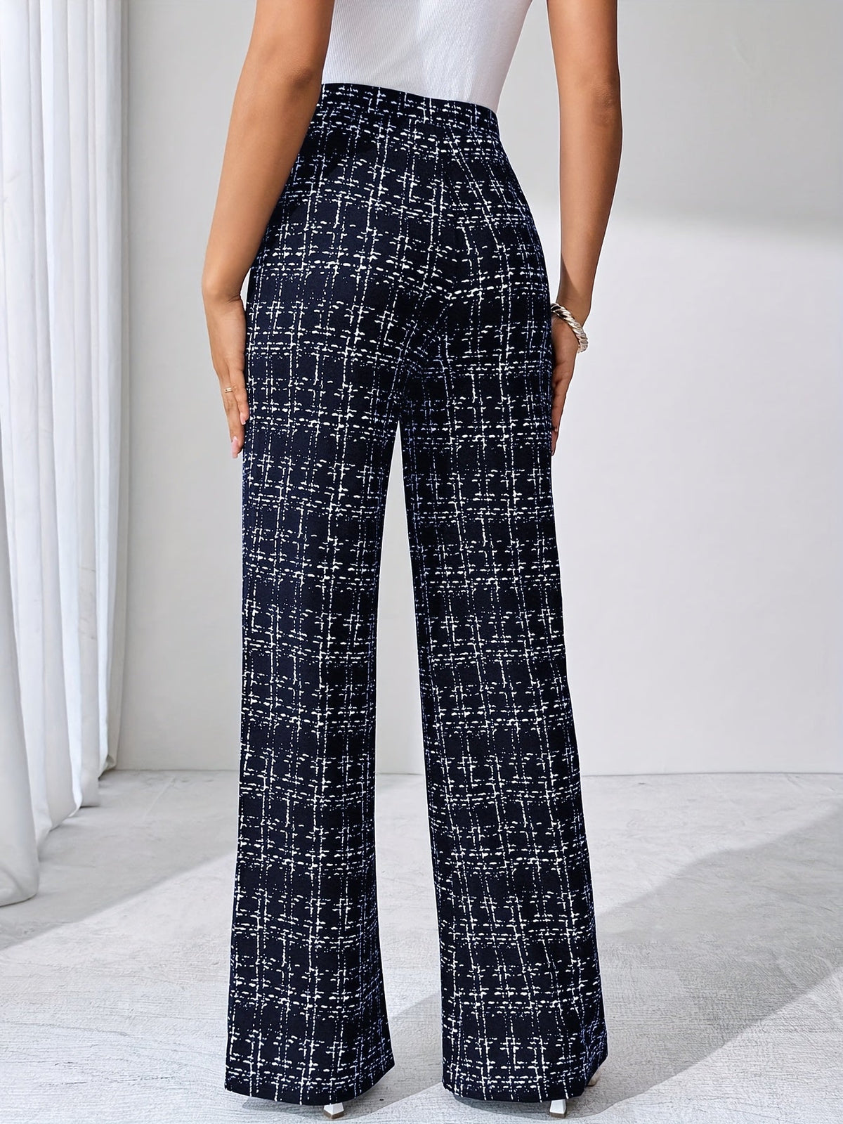 Women's Plaid Wide Leg Pants - High Waist Full Length Pull On