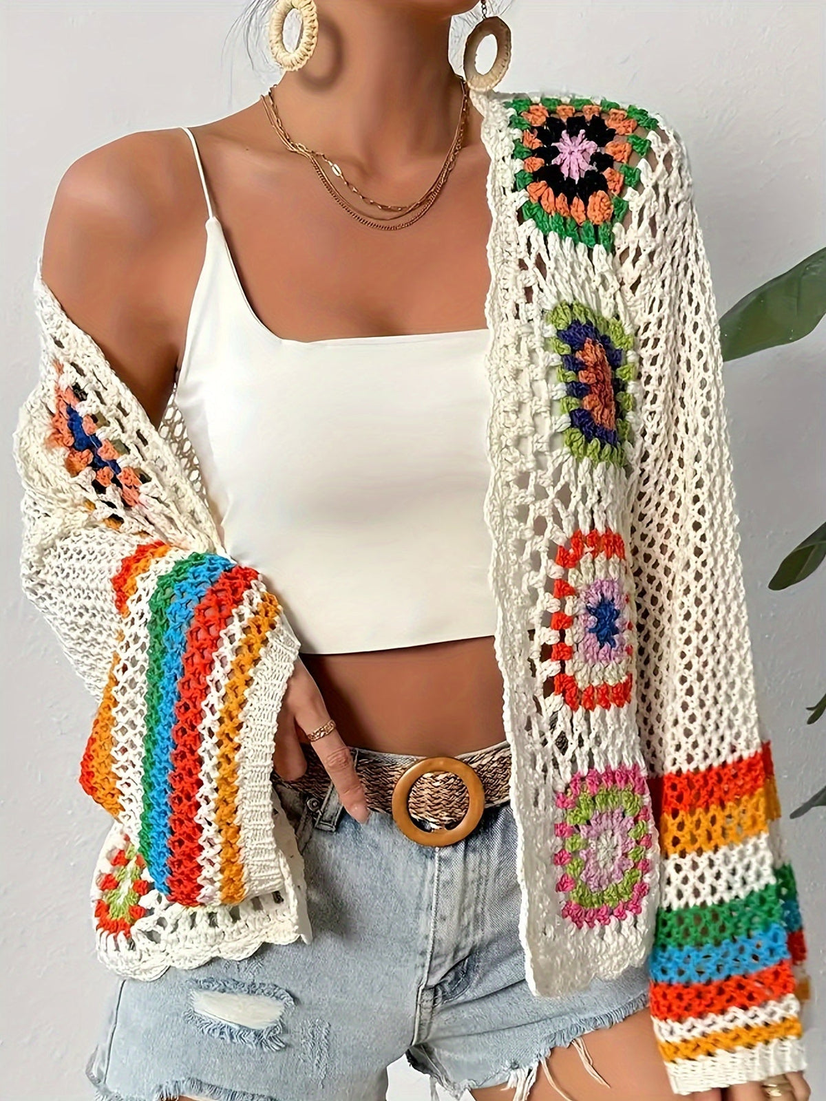 Women's Crochet Cardigan - Open Front Floral Granny Square