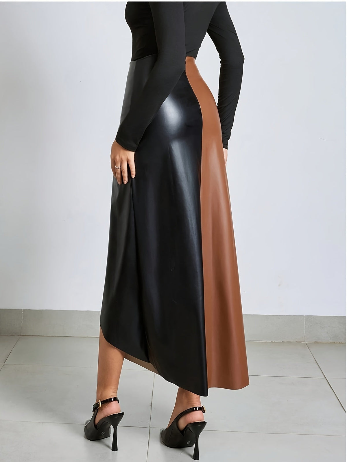 Women's High Waist Leather Skirt - Colour Block Asymmetric Hem