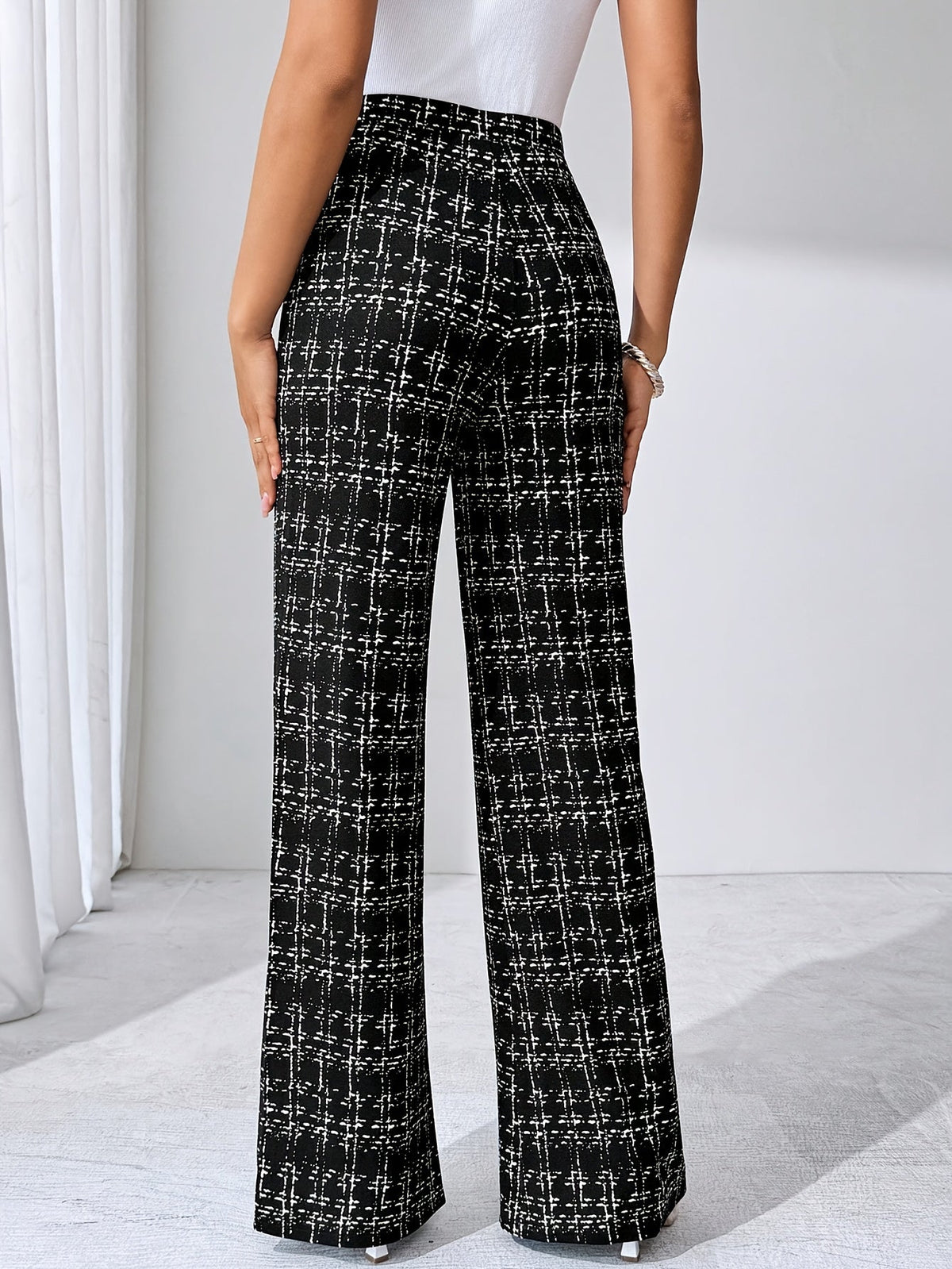 Women's Plaid Wide Leg Pants - High Waist Full Length Pull On