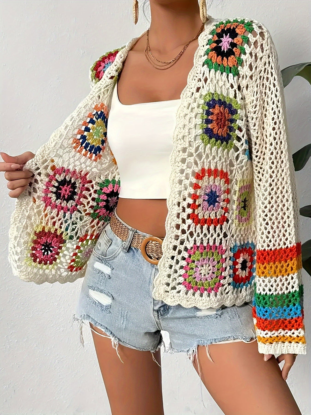 Women's Crochet Cardigan - Open Front Floral Granny Square