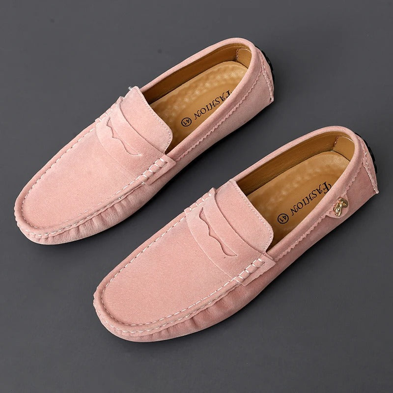 Men's Penny Loafers - Slip-On Suede Style with Whipstitch Detail and Metal Charm