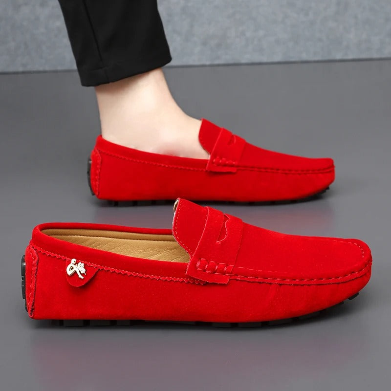 Men's Penny Loafers - Slip-On Suede Style with Whipstitch Detail and Metal Charm