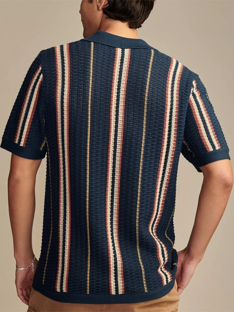 Men's Polo Shirt - Knit Button Through with Vertical Stripe and Open Weave