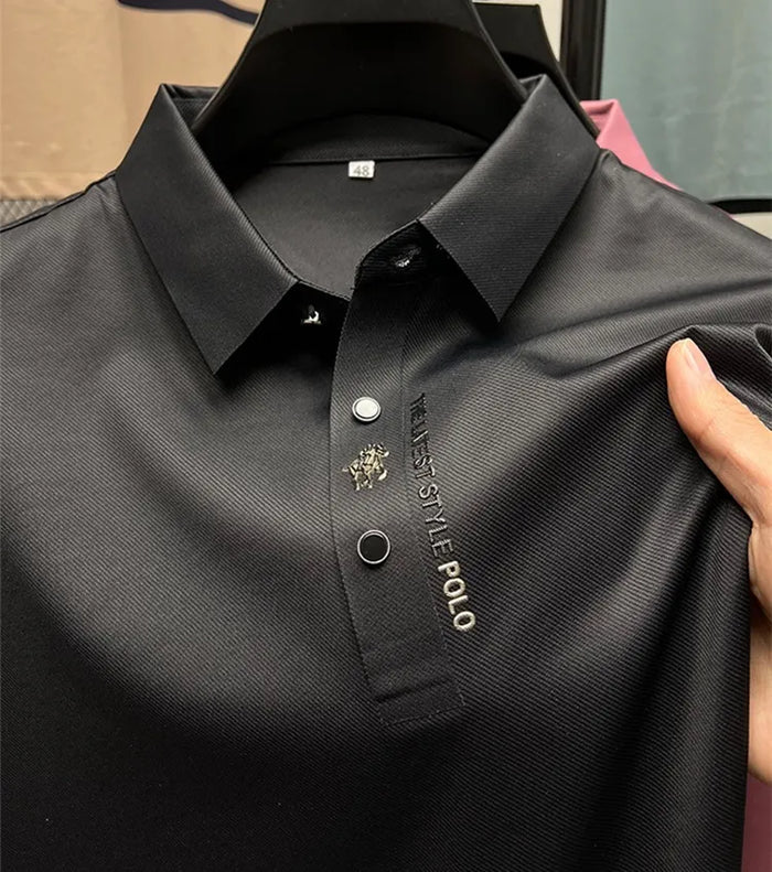 Men’s Modern Polo Shirt – Textured Stretch Button Detail Casual Fit