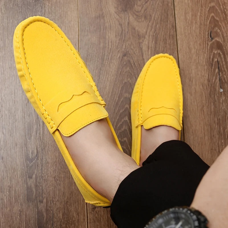 Men's Penny Loafers - Slip-On Suede Style with Whipstitch Detail and Metal Charm