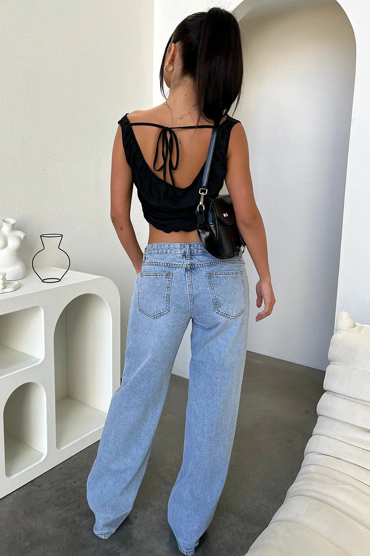 Women’s High Waisted Wide Leg Denim Pants with Straight Cut and Five Pocket Design