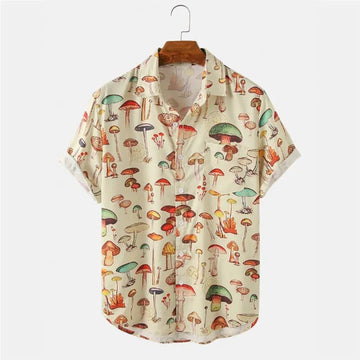 Men's Hawaiian Shirt - Short Sleeve Mushroom Print Button Up