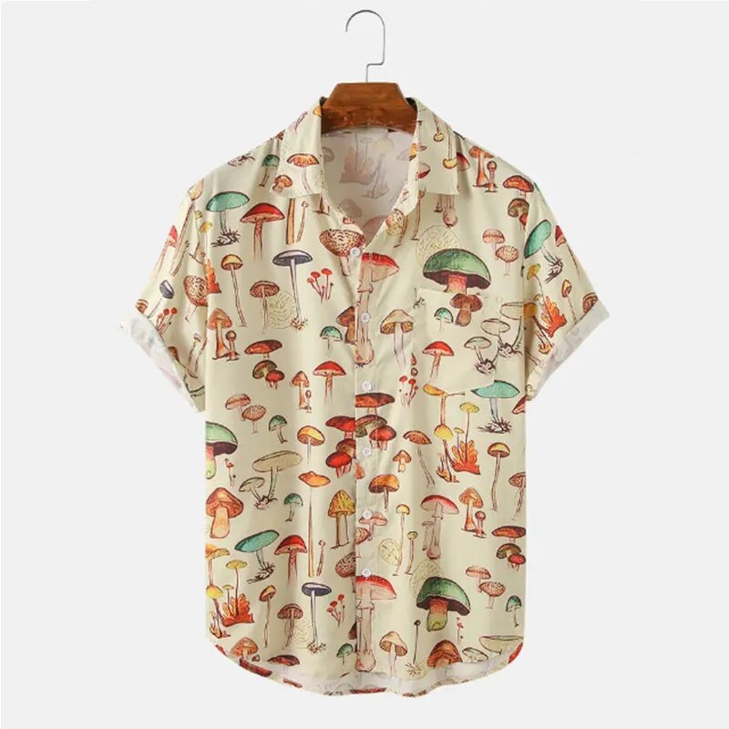 Men's Hawaiian Shirt - Short Sleeve Mushroom Print Button Up