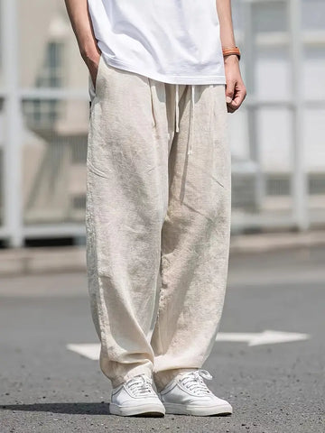 Men's Linen Pants - Elasticated Drawstring Waist Wide Leg