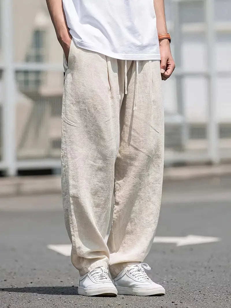 Men's Linen Pants - Elasticated Drawstring Waist Wide Leg