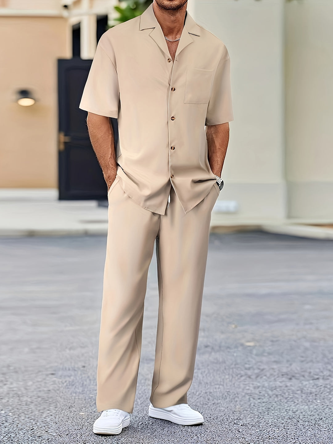 Men's Two Piece Set Short Sleeve Shirt and Straight Leg Pants