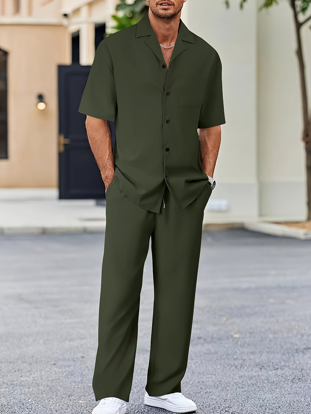 Men's Two Piece Set Short Sleeve Shirt and Straight Leg Pants
