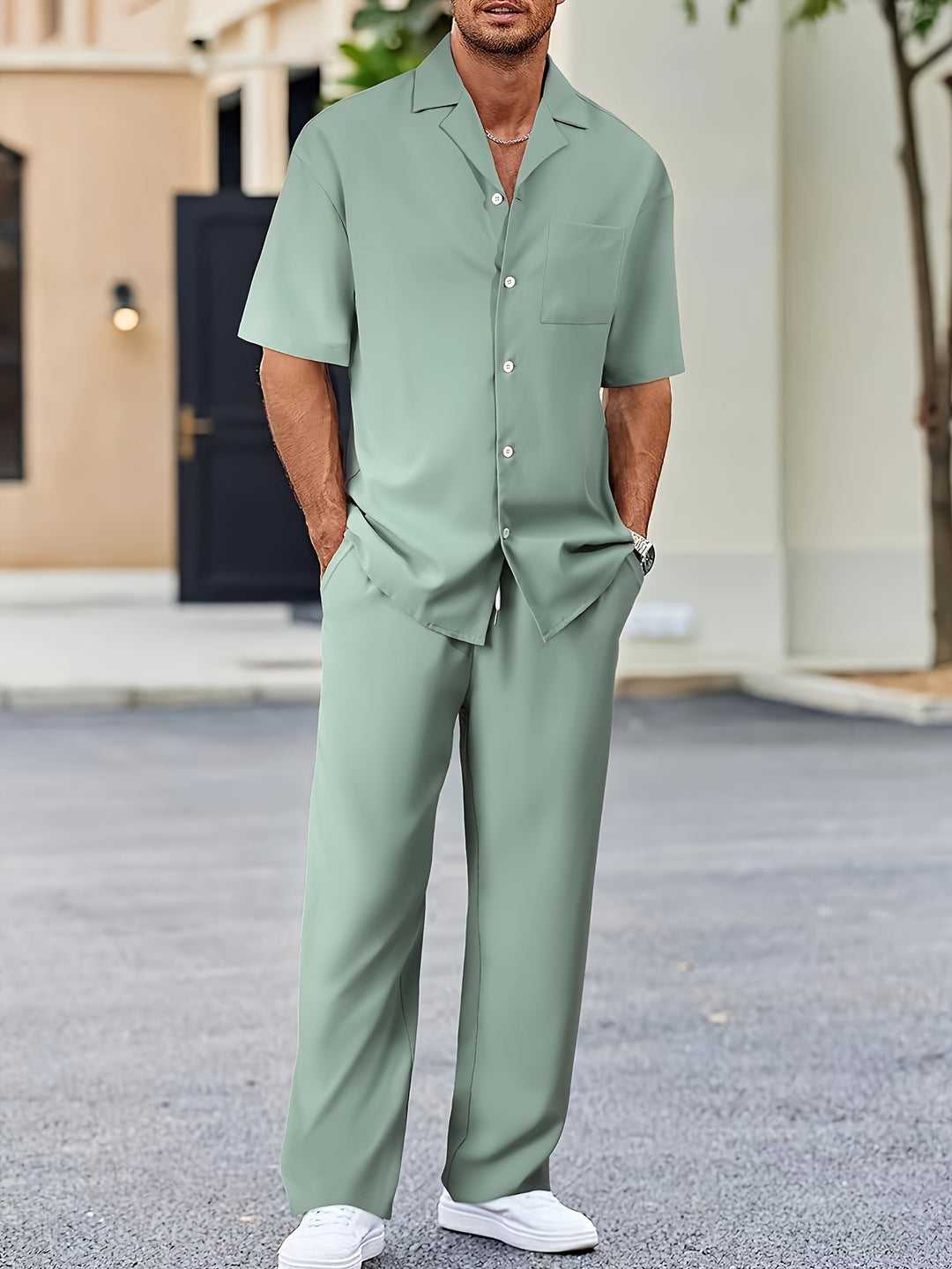 Men's Two Piece Set Short Sleeve Shirt and Straight Leg Pants