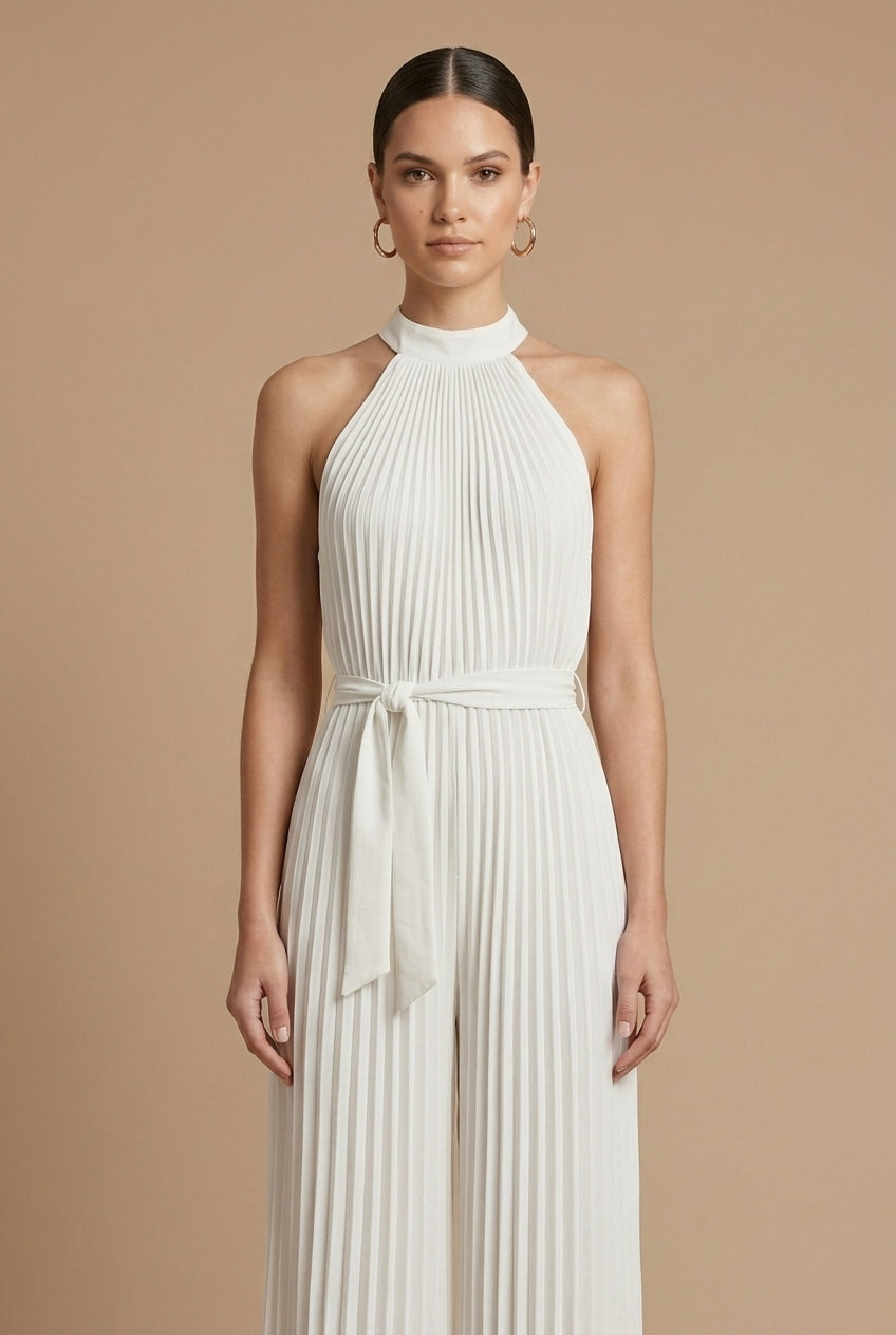 Women's Jumpsuit - Wide Leg Halter Neck Pleated Sleeveless with Tie Waist