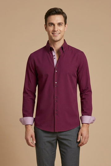 Men's Long Sleeve Dress Shirt - Button Down - Contrast Inner Lining