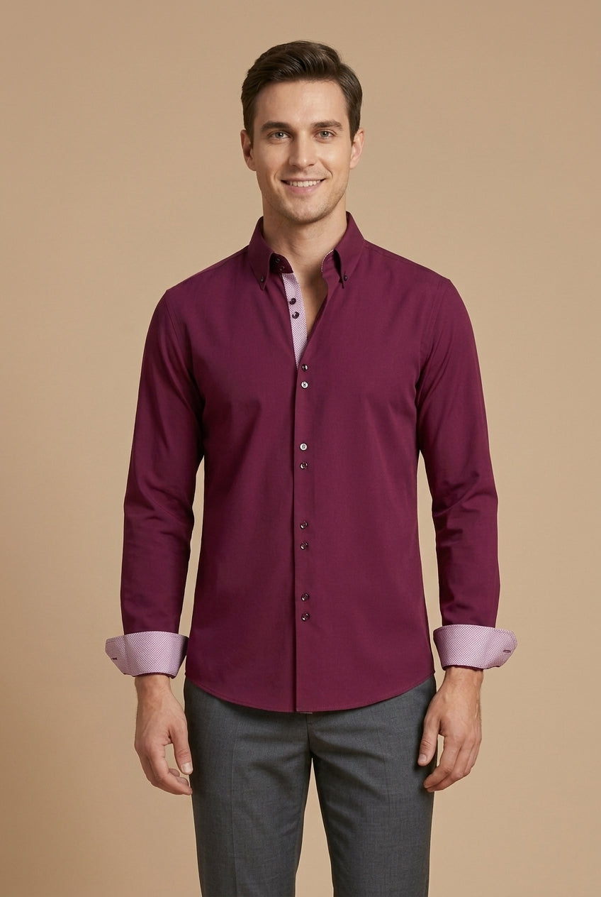 Men's Long Sleeve Dress Shirt - Button Down - Contrast Inner Lining