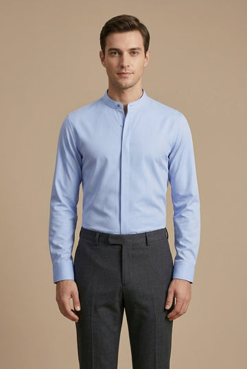 Men's Band Collar Shirt - Hidden Placket - Long Sleeve
