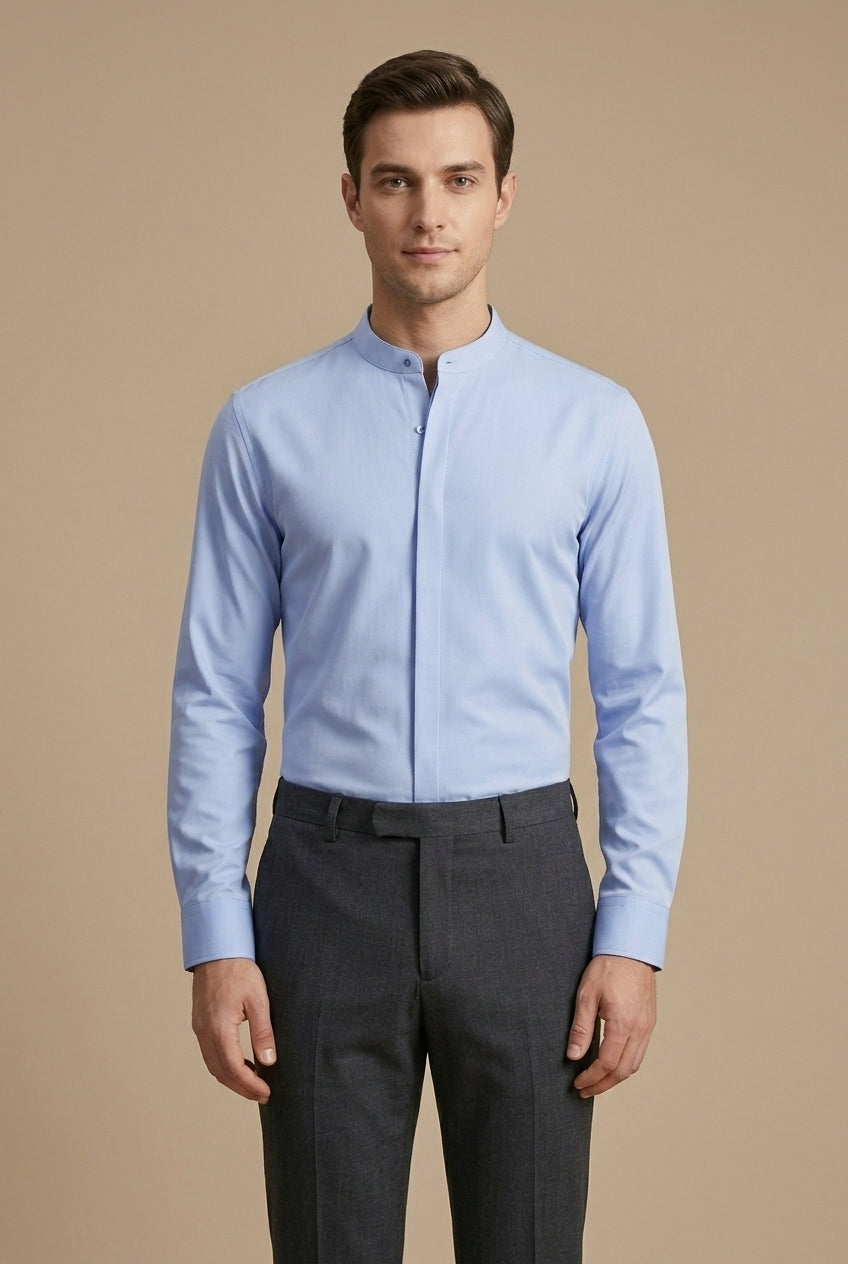 Men's Band Collar Shirt - Hidden Placket - Long Sleeve